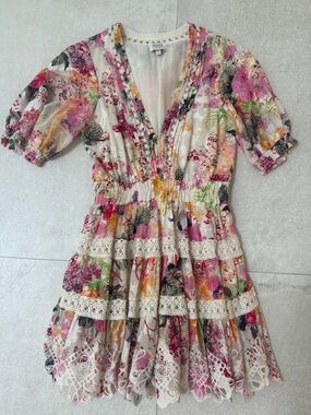 HEMANT & NANDITA Floral Cream Mini Dress with Pink and Yellow Accents